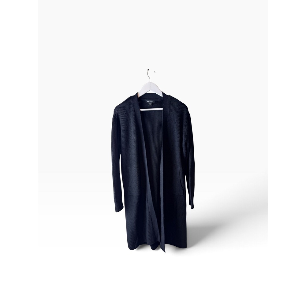 Athleta Scenic Wrap Cardigan Black Merino Wool Blend Ribbed Longline M 982828